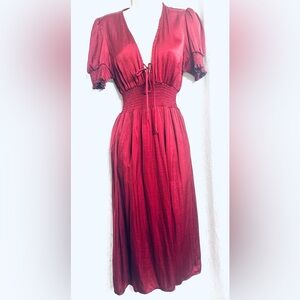 Lulu’s Lille Wine Red Women Long Satin smocked Short Sleeve Midi Dress size Sm